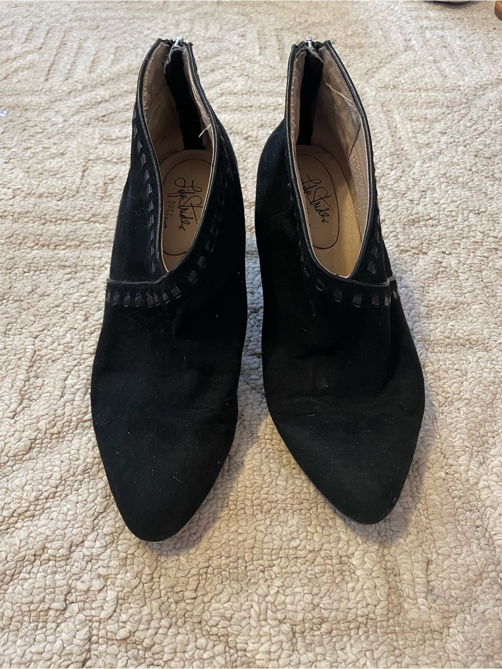 J/SLIDES Black Suede Pointed Ankle Booties with Cutout Trim
